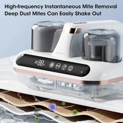 Cleaning device with digital display and dust mite removal text on a light blue background