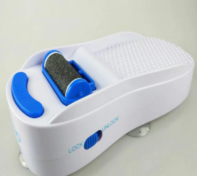 White and blue foot exfoliation device on a light gray background