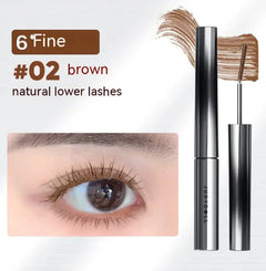 Eyelash product with brush and close-up of eye wearing the product on a white background