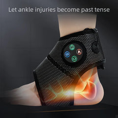 Black ankle support brace with digital display on a foot, against a dark background.