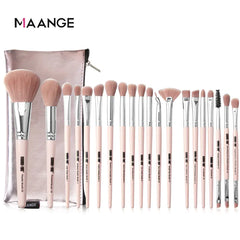 Set of makeup brushes with a MAANGE pouch on a white background