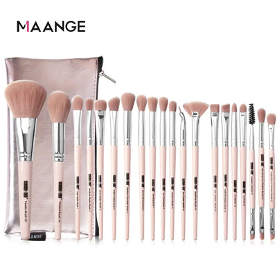 Set of makeup brushes with a MAANGE pouch on a white background