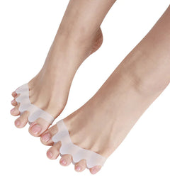 Transparent toe separators on feet against a white background