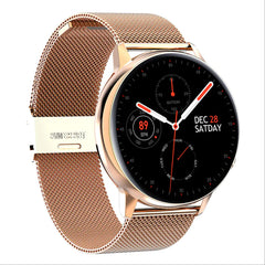 Smartwatch with a rose gold mesh band on a white background