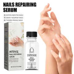 Nails repairing serum with bottle and packaging on a white background
