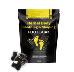 Herbal body soothing and shaping foot soak packaging with yellow text on a black background