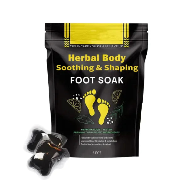 Herbal body soothing and shaping foot soak packaging with yellow text on a black background