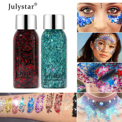 Two bottles of Julystar glitter with application examples on skin and face.