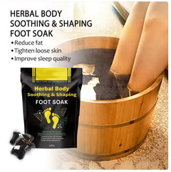 Herbal body soothing and shaping foot soak with a wooden bucket and feet in the background.