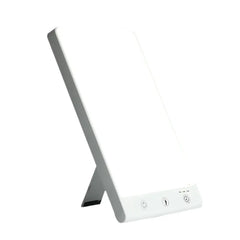 Modern LED desk lamp with a white base and silver stand on a white background