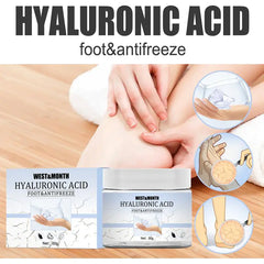 West & Month Hyaluronic Acid foot & antifreeze product packaging with application illustrations.