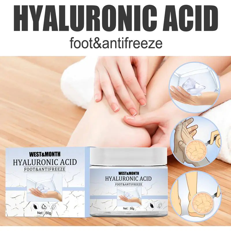 West & Month Hyaluronic Acid foot & antifreeze product packaging with application illustrations.