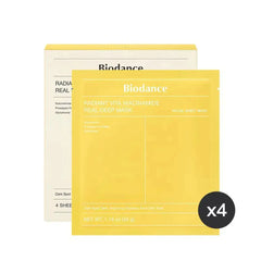 Biodance facial sheet mask packaging with yellow and white design on a white background
