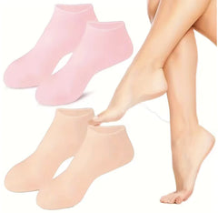 Two pairs of socks, one pink and one beige, on a white background.
