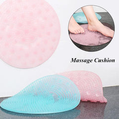 Massage cushion in pink and blue with a close-up of feet using it on a white background.
