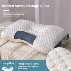 Knitted cotton massage pillow on a bed with text describing its features.