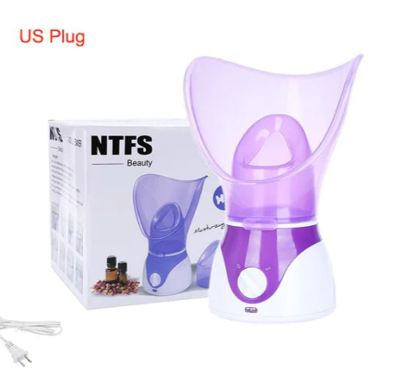 Purple facial steamer with NTFS branding and packaging on a white background