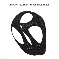 Black perforated chin strap on a white background with text 'Perforated Breathable Snore Belt'.