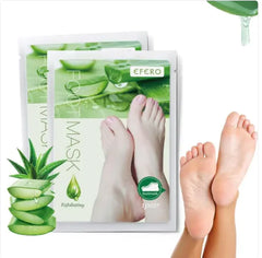 Foot mask packaging with aloe vera illustration and feet imagery on a white background