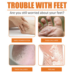 Advertisement about foot care issues with images of skin conditions and text.