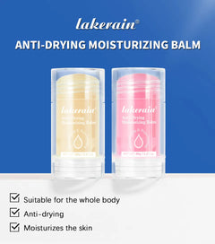 Two Lakerain anti-drying moisturizing balms on a blue background with product details.