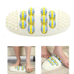 Foot massager with yellow and blue nodes on a white background, shown in use on feet.