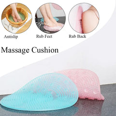 Massage cushion with text indicating its uses on a white background