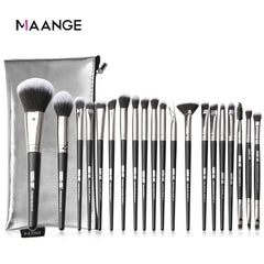 Set of makeup brushes with a MAANGE pouch on a white background