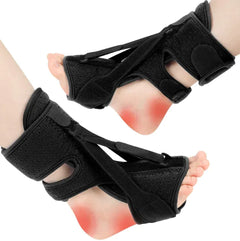 Black foot brace being worn on a foot with red inflammation, on a white background.