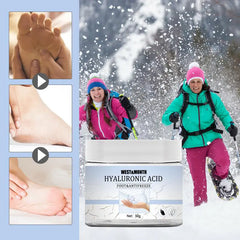 West&Month Hyaluronic Acid foot antifreeze product with people in winter gear on a snowy background