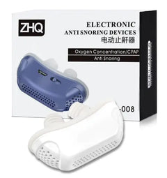 Electronic anti-snoring device with packaging displaying 'ZHQ' brand on a white background.