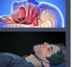 Illustration of throat anatomy with a close-up of a person wearing anti-snoring device.