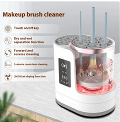 Makeup brush cleaner with features listed on a white background