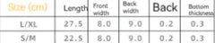 Table with size chart for a product showing dimensions in centimeters.