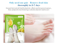 Exfoliating foot mask packaging with text on a white background