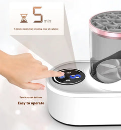 Cleaning device with touch screen buttons and a hand pressing a button, on a white background.