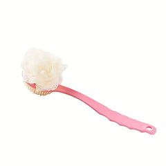 Pink bath brush with a white loofah head on a white background