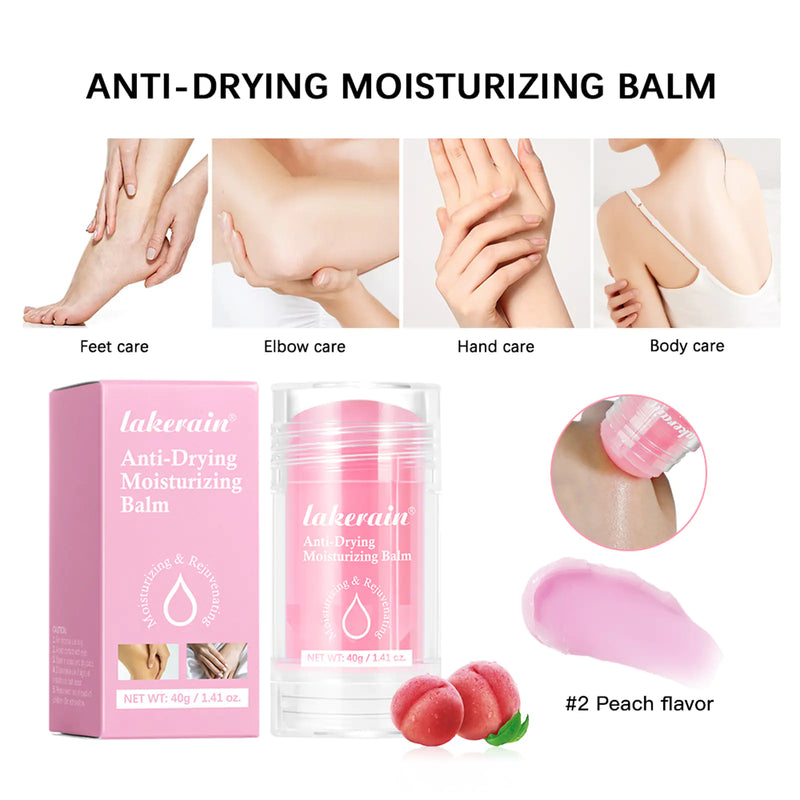Anti-drying moisturizing balm packaging and usage examples on a white background