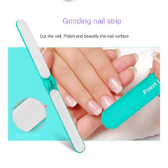 Nail care tool with a turquoise handle and white blade, used for cutting and polishing nails.